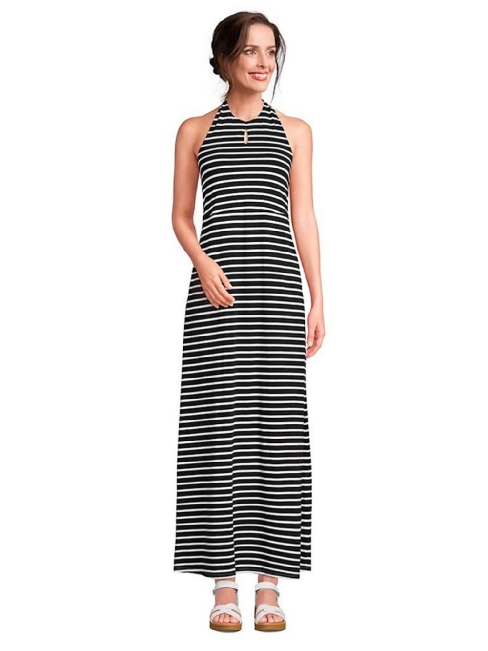 Lands’ End Black White Striped Keyhole High Halter Neck Maxi Dress Medium NWT